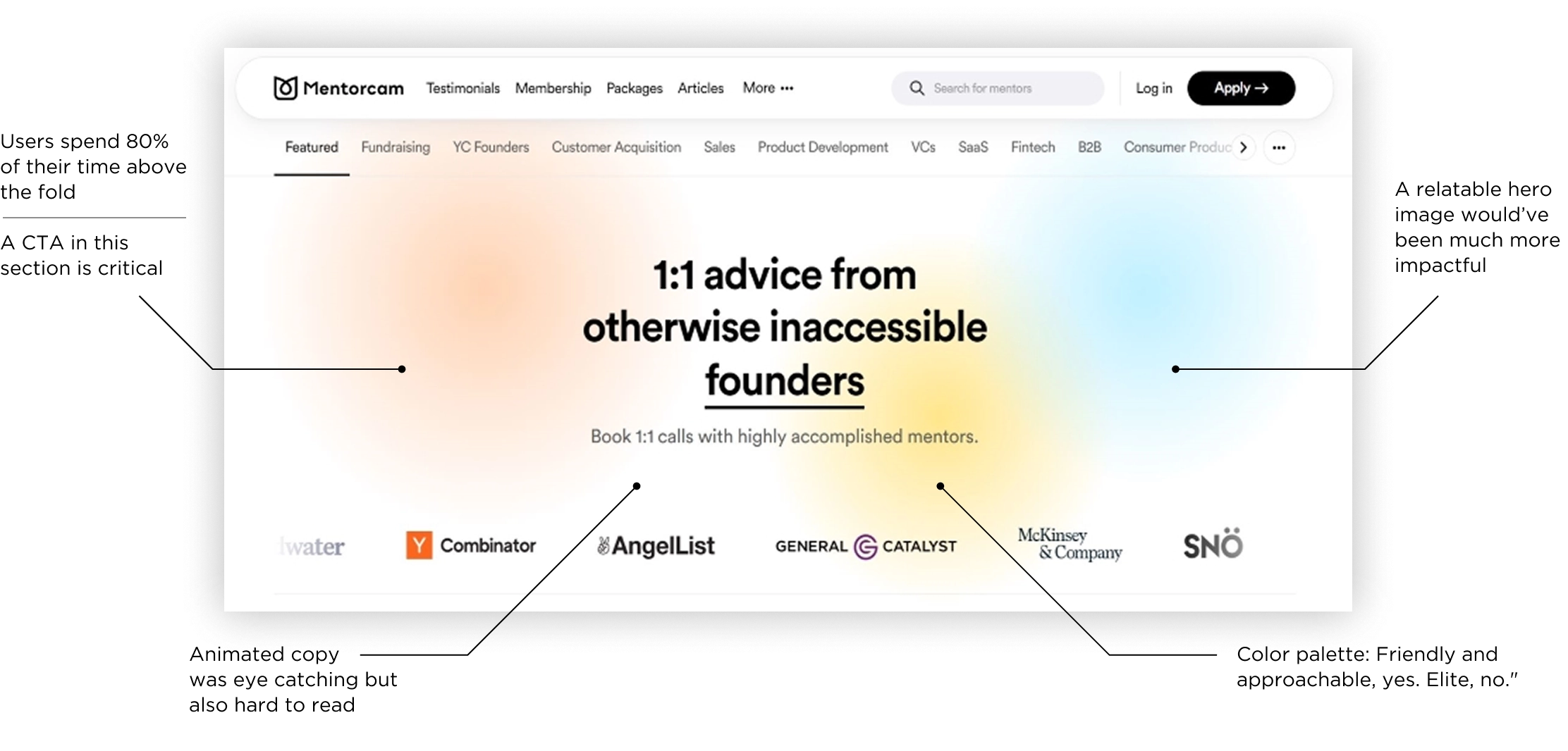 Early homepage design critique notes