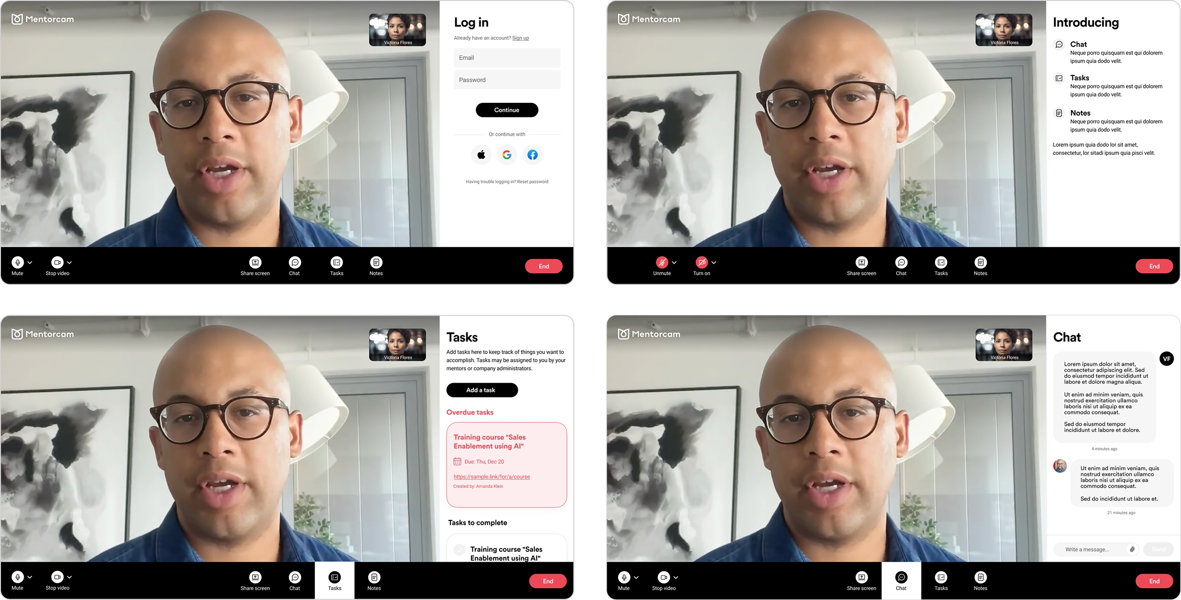Video call interface states: default, muted, tasks, chat