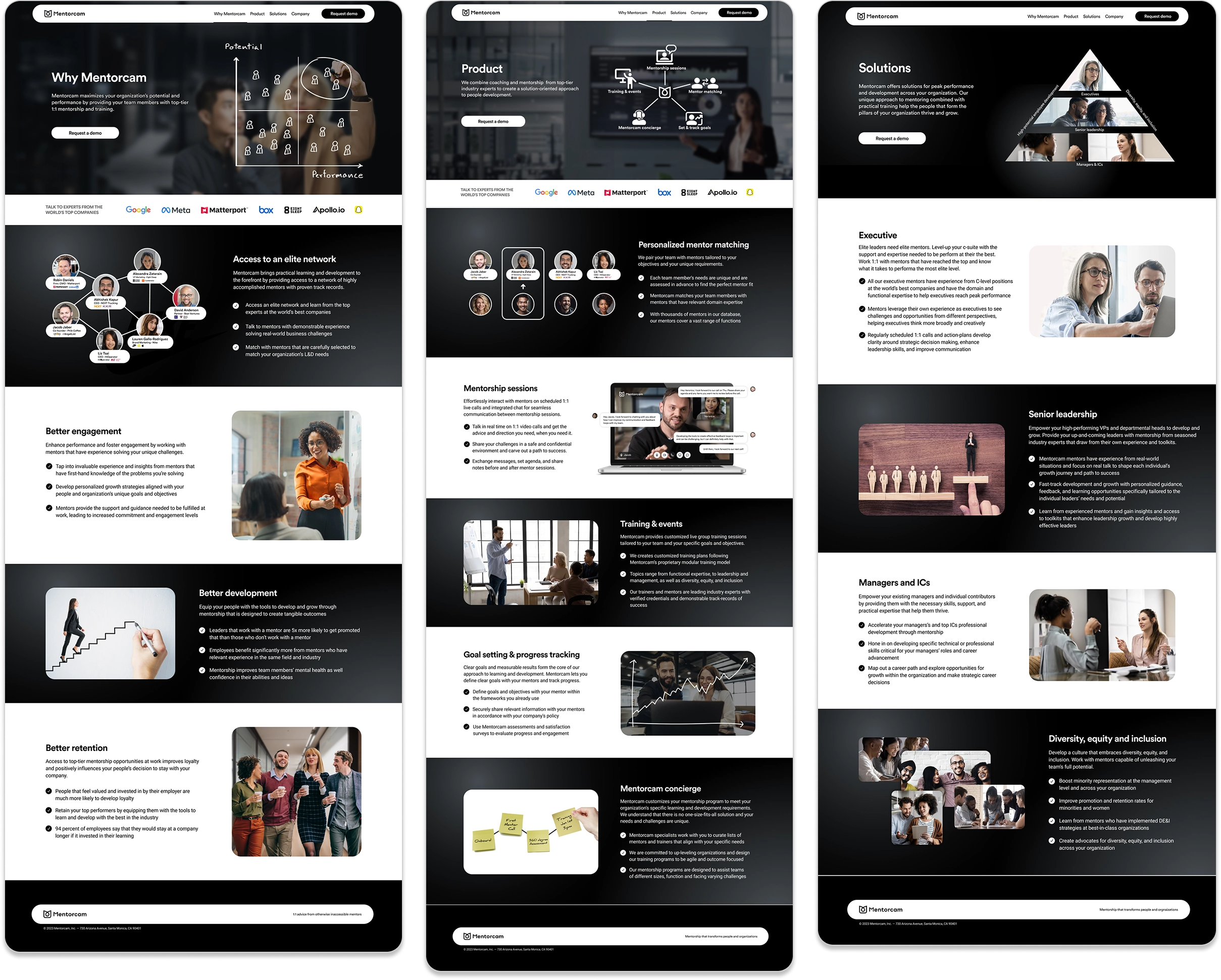 Additional landing pages: Why MentorCam, Product, Solutions