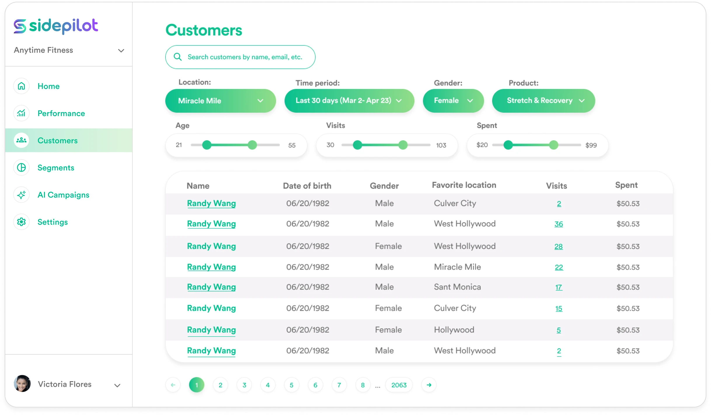 SidePilot Customers screen